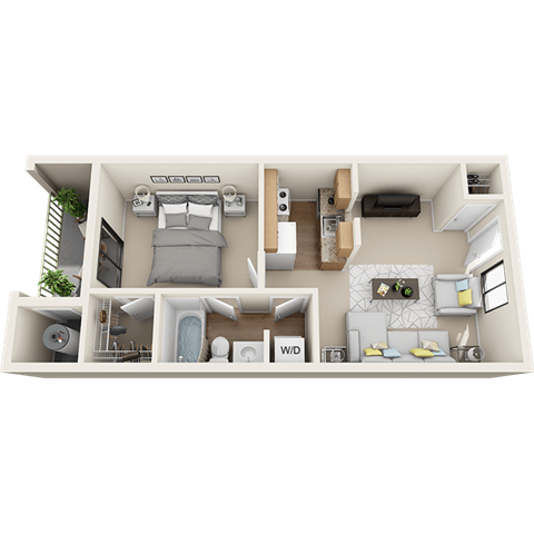 Floor plan for 1 bed, 1 bath, 600 sqft