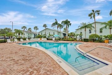 Seminole apartment for rent - A swimming pool surrounded by palm trees and a white building.