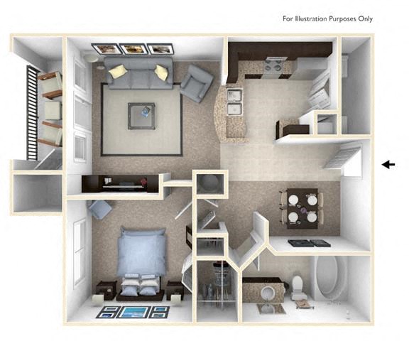 Floor plan for 1 bed, 1 bath, 770 sqft