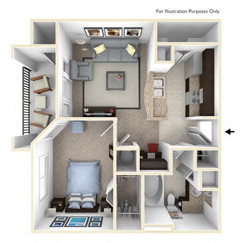 Floor plan for 1 bed, 1 bath, 895 sqft