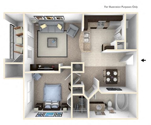 Floor plan for 1 bed, 1 bath, 770 sqft