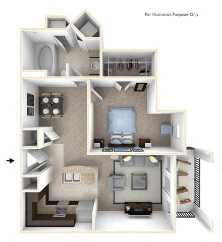 Floor plan for 1 bed, 1 bath, 839 sqft