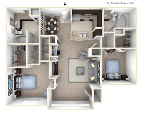 Floor plan for 2 beds, 2 baths, 1312 sqft