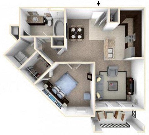 Floor plan for 1 bed, 1 bath, 824 sqft