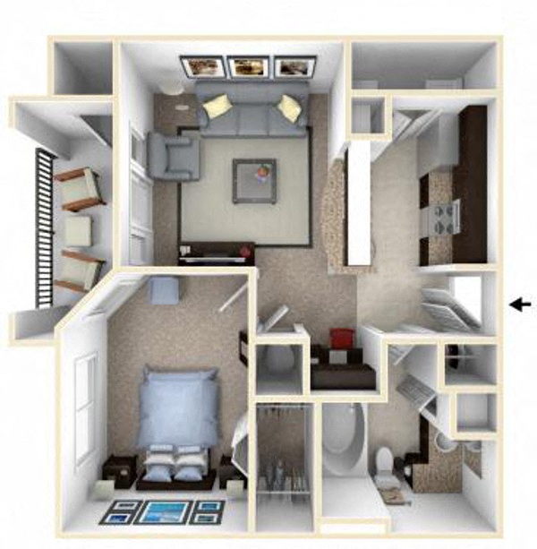 Floor plan for 1 bed, 1 bath, 632 sqft