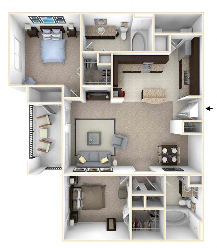 Floor plan for 2 beds, 2 baths, 1072 sqft