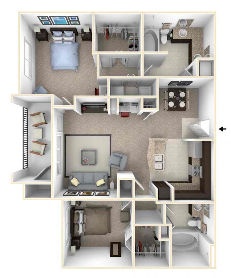Floor plan for 2 beds, 2 baths, 1166 sqft