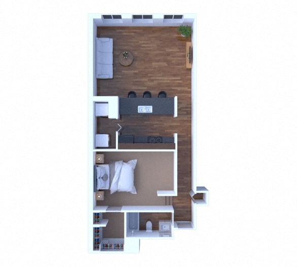 Floor plan for 1 bed, 1 bath, 785 sqft