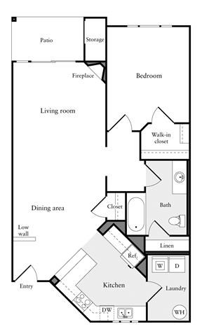 Floor plan for 1 bed, 1 bath, 843 sqft