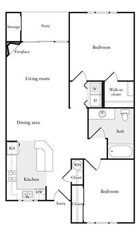Floor plan for 2 beds, 1 bath, 969 sqft