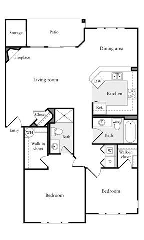 Floor plan for 2 beds, 2 baths, 1088 sqft