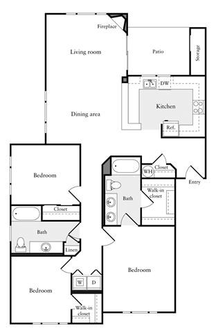 Floor plan for 3 beds, 2 baths, 1400 sqft