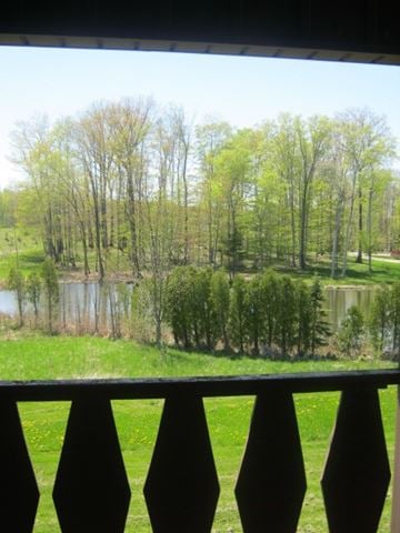 Geneva apartment for rent - a view of a pond and trees from a balcony