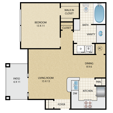 Floor plan for 1 bed, 1 bath, 798 sqft