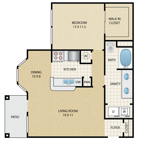 Floor plan for 1 bed, 1 bath, 804 sqft