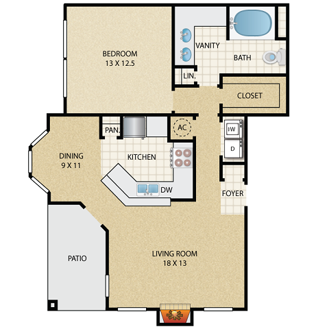 Floor plan for 1 bed, 1 bath, 941 sqft