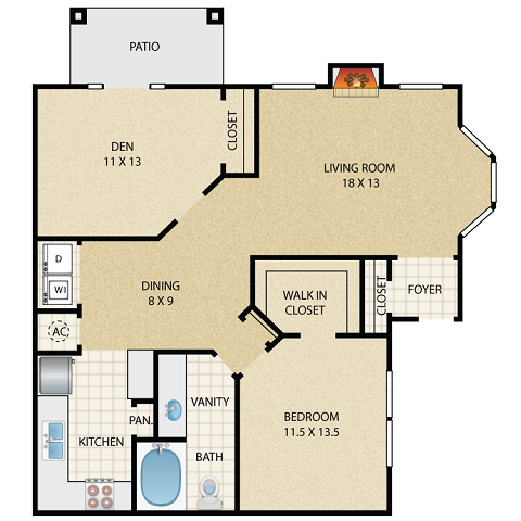 Floor plan for 1 bed, 1 bath, 1002 sqft