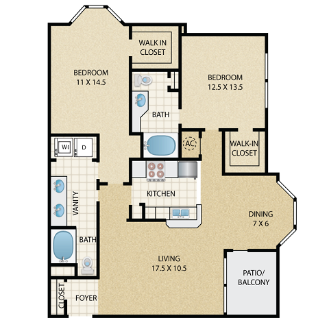 Floor plan for 2 beds, 2 baths, 1174 sqft