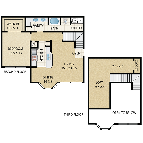 Floor plan for 1 bed, 1 bath, 1077 sqft