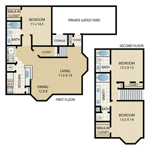 Floor plan for 3 beds, 3 baths, 1466 sqft