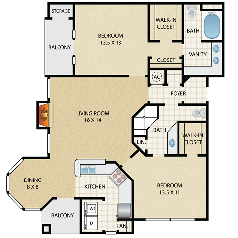 Floor plan for 2 beds, 2 baths, 1298 sqft