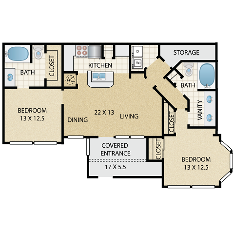 Floor plan for 2 beds, 2 baths, 1162 sqft