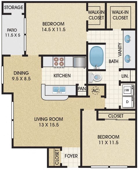 Floor plan for 2 beds, 1 bath, 1050 sqft