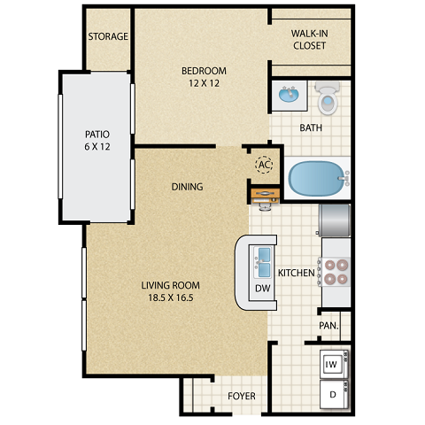 Floor plan for 1 bed, 1 bath, 772 sqft
