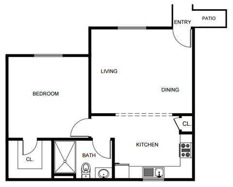 Floor plan for 1 bed, 1 bath, 600 sqft