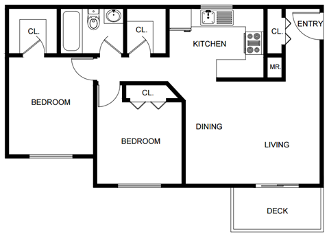 Floor plan for 2 beds, 1 bath, 900 sqft