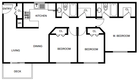 Floor plan for 3 beds, 2 baths, 1100 sqft