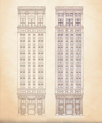 New York apartment for rent - Two identical buildings are shown in a line drawing.