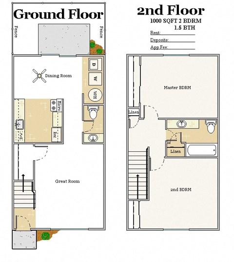 Floor plan for 2 beds, 1.5 baths, 900 sqft