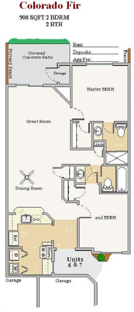 Floor plan for 2 beds, 2 baths, 950 sqft