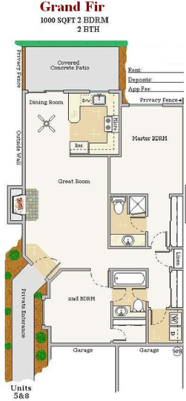 Floor plan for 2 beds, 2 baths, 1000 sqft