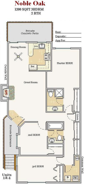 Floor plan for 3 beds, 2 baths, 1200 sqft