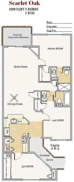 Floor plan for 3 beds, 2 baths, 1100 sqft