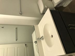 Saint Louis apartment for rent - A white sink in a bathroom with a black cabinet.