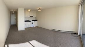 San Francisco apartment for rent - an empty kitchen and living room with a carpeted floor