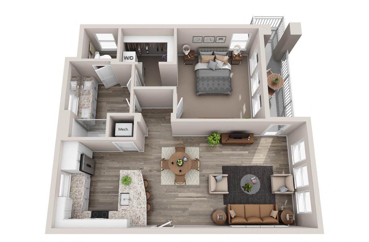 Floor plan for 1 bed, 1 bath, 917 sqft