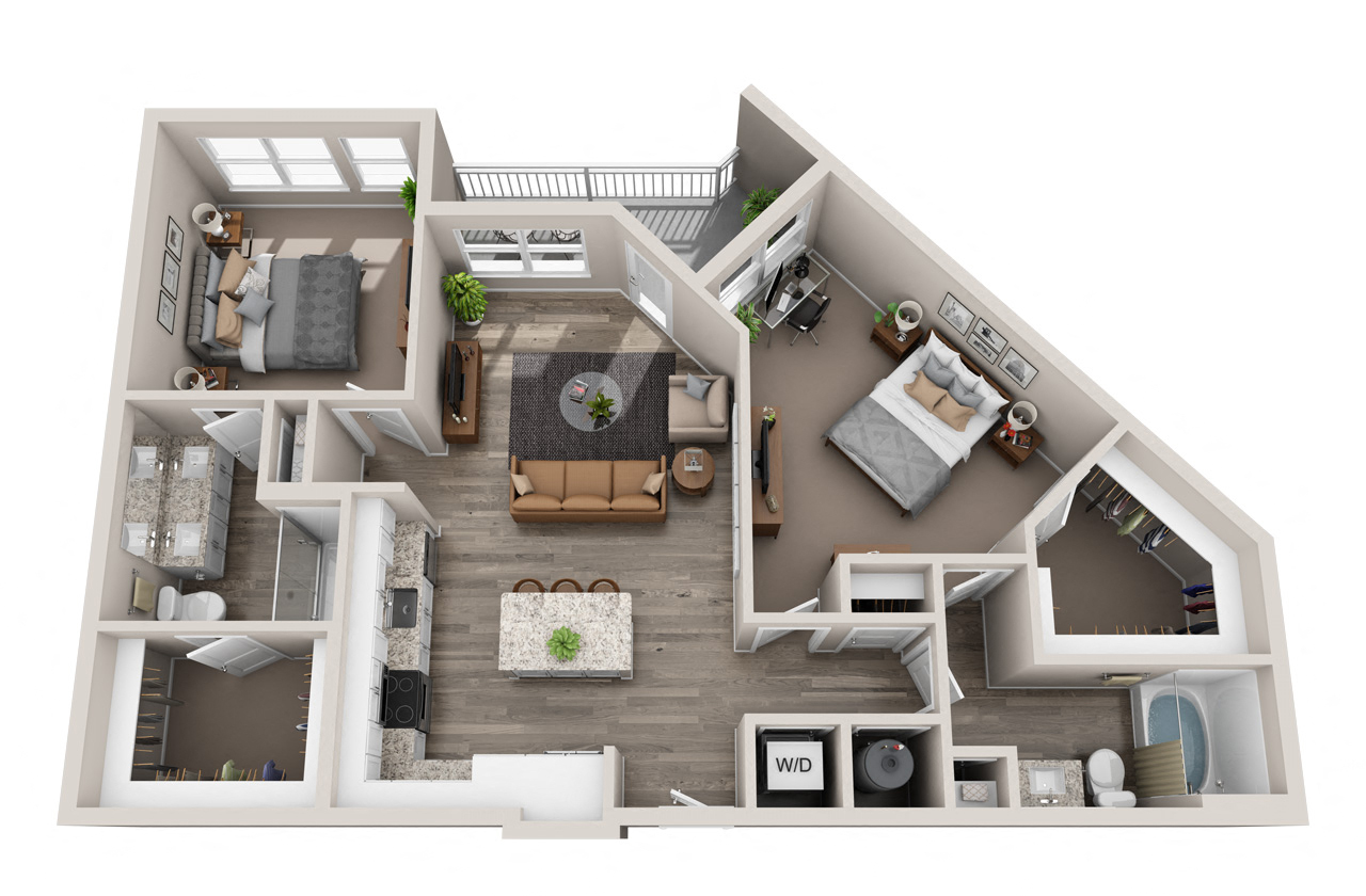 Floor plan for 2 beds, 2 baths, 1169 sqft