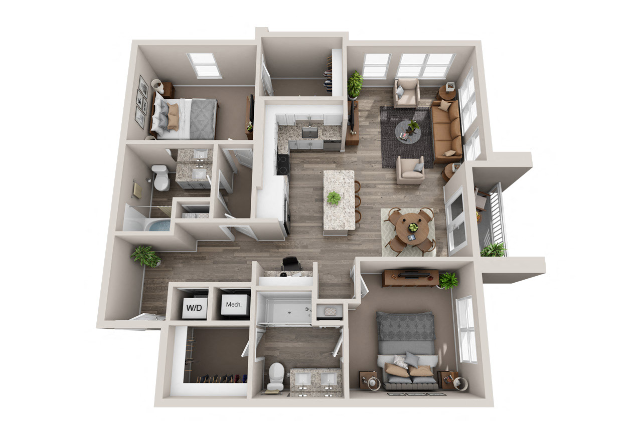 Floor plan for 2 beds, 2 baths, 1207 sqft