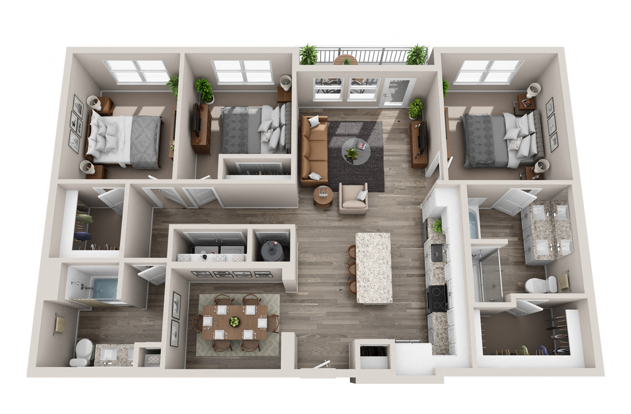 Floor plan for 3 beds, 2 baths, 1387 sqft