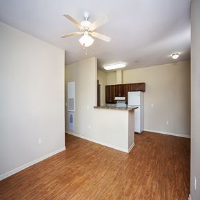 Ashburn apartment for rent - an empty living room with a kitchen and a ceiling fan