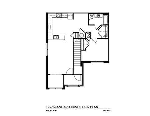 Floor plan for 1 bed, 1 bath, 784 sqft