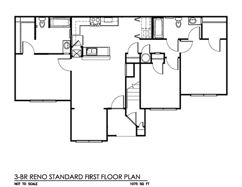 Floor plan for 3 beds, 2 baths, 1075 sqft