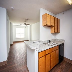 Decatur apartment for rent - an empty kitchen with wood flooring and a counter top