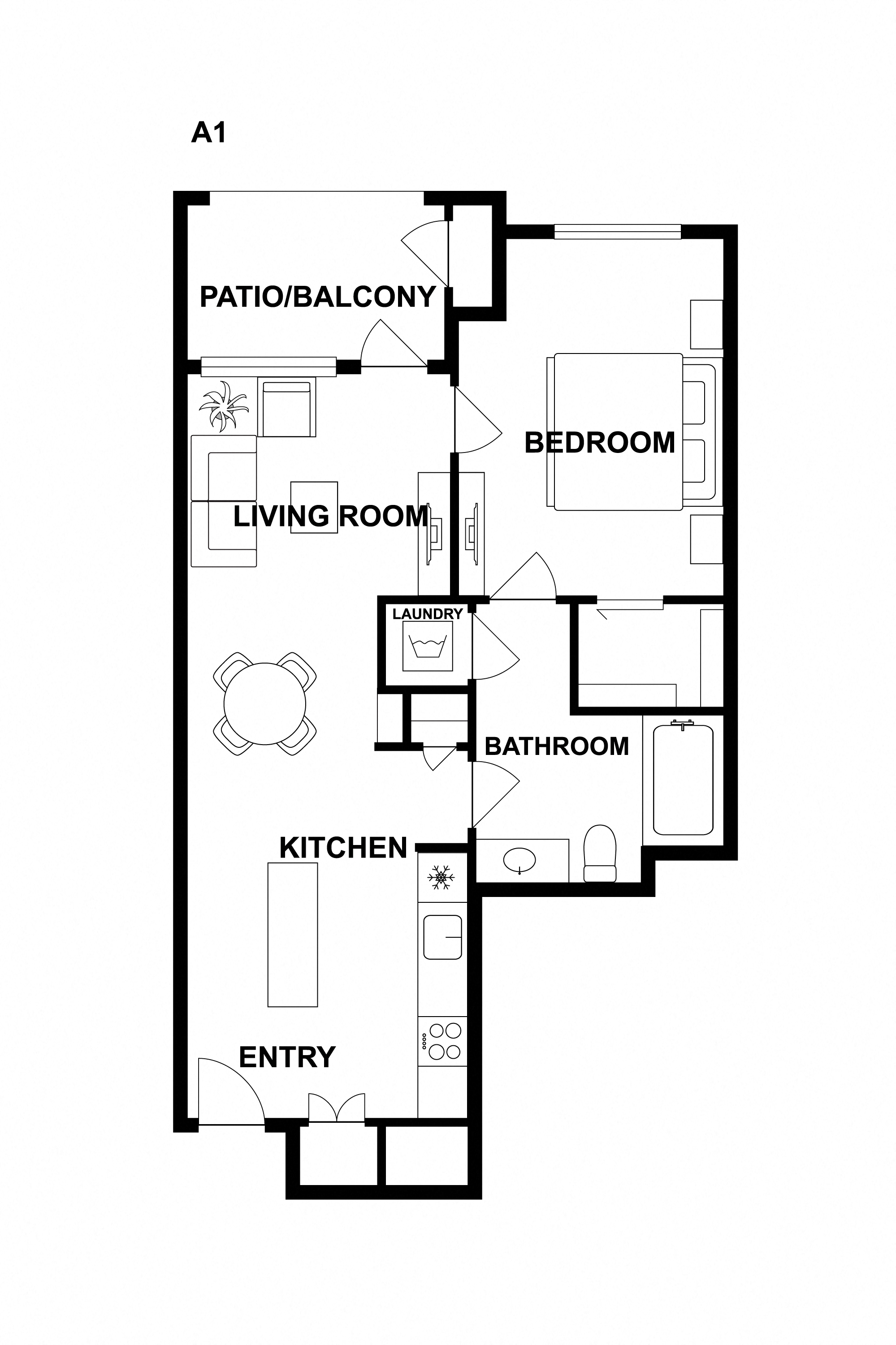 Floor plan for 1 bed, 1 bath, 704 sqft