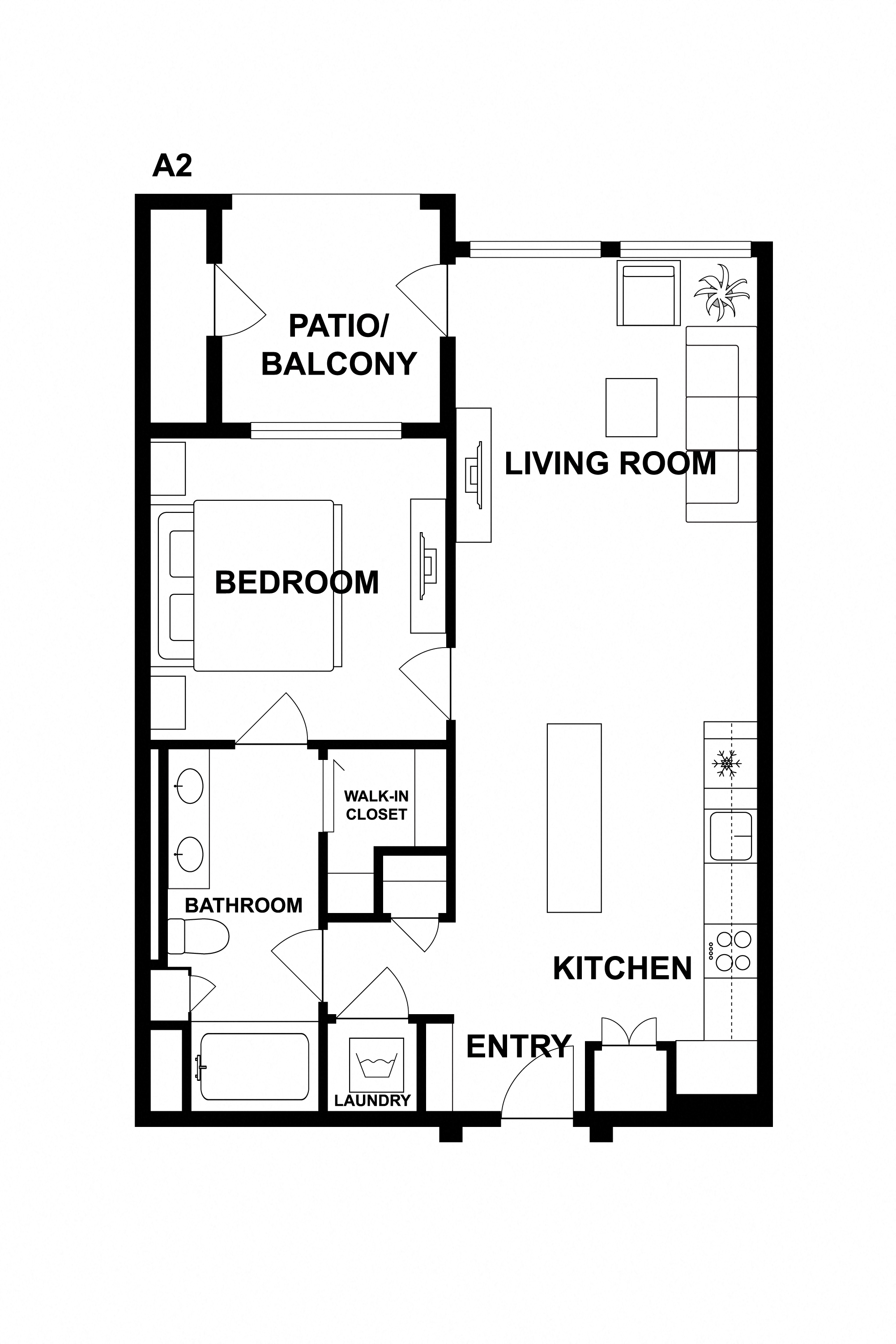 Floor plan for 1 bed, 1 bath, 685 sqft