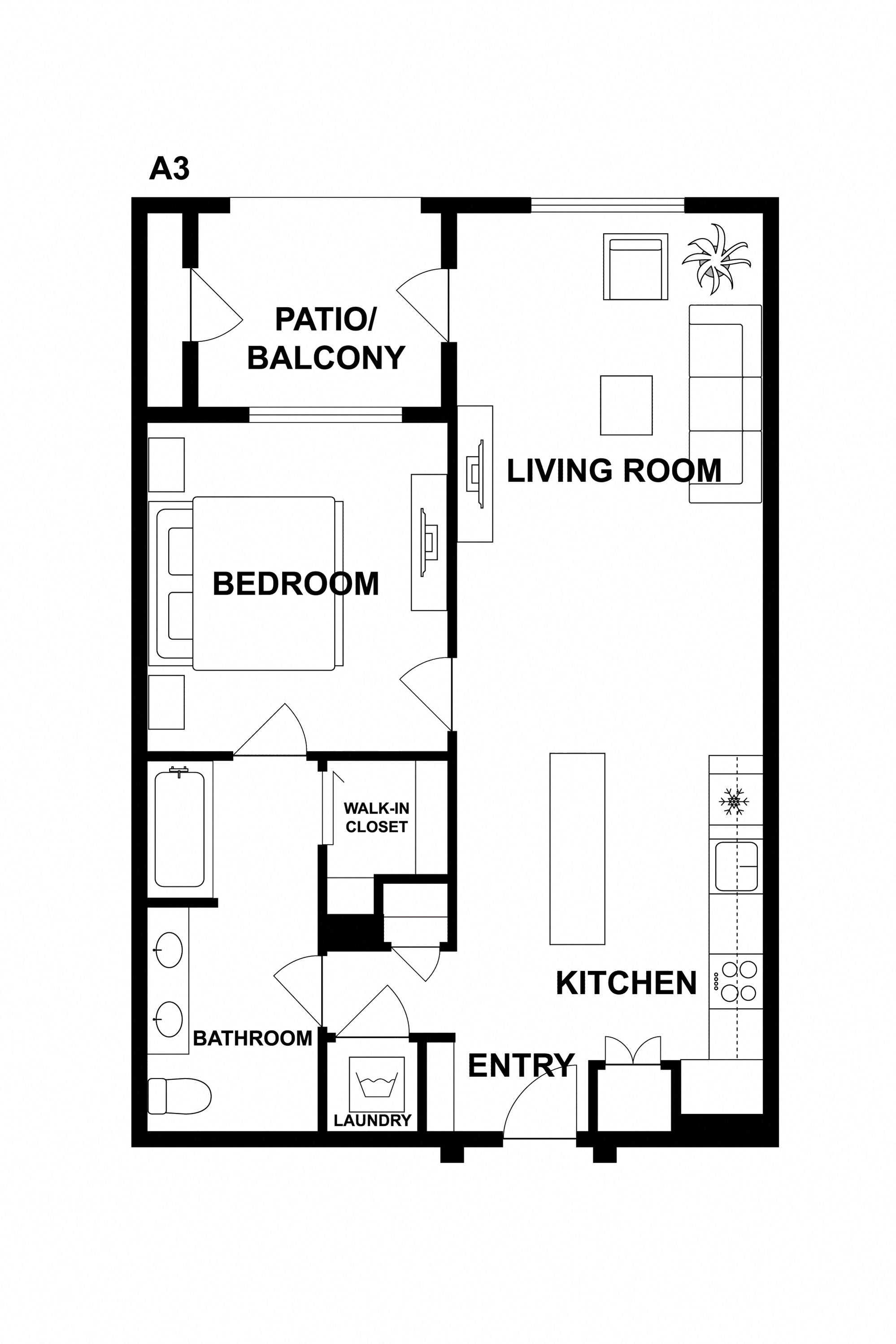 Floor plan for 1 bed, 1 bath, 813 sqft